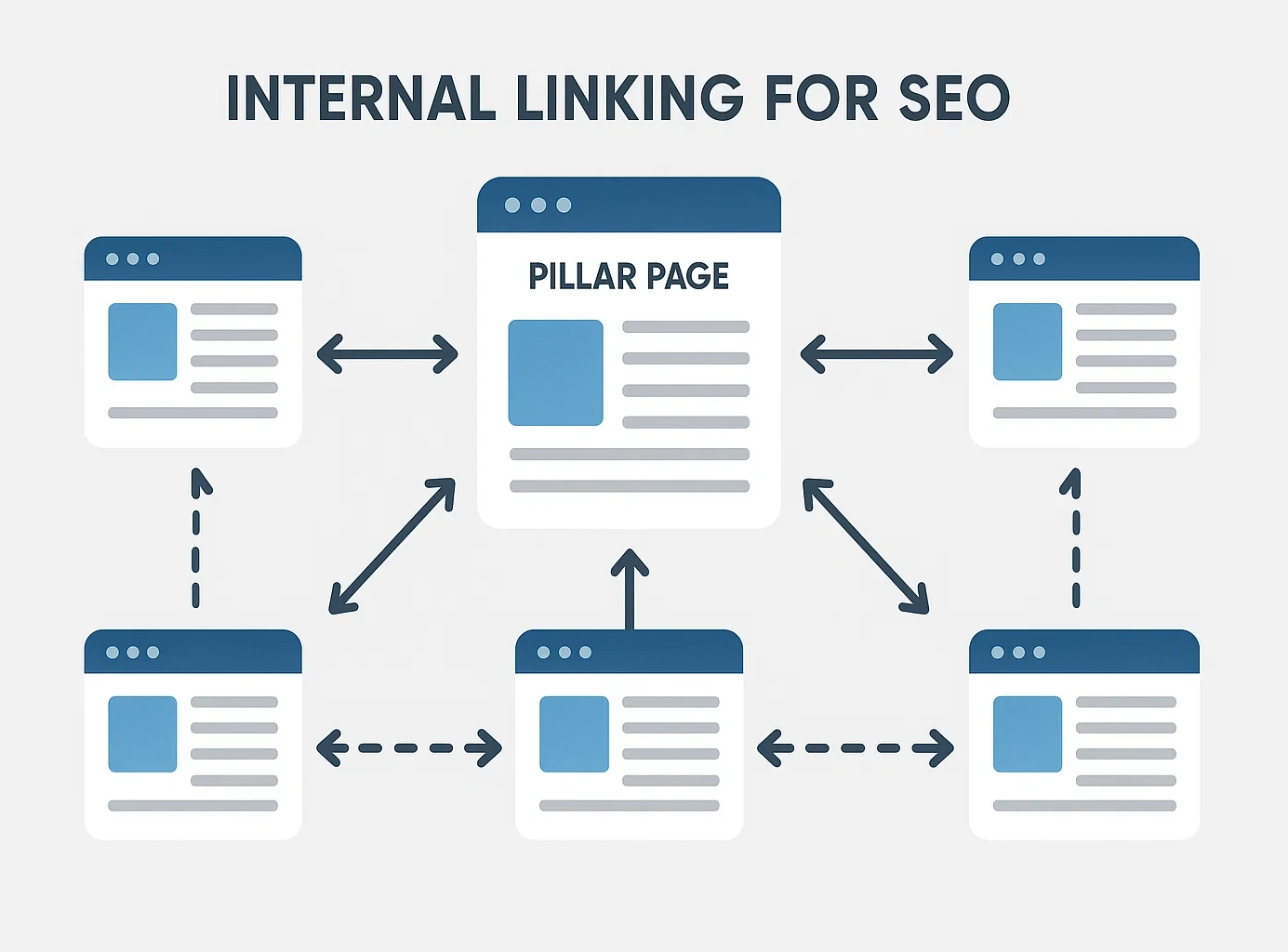 Vector illustration showing an internal linking SEO strategy with a pillar page connected to multiple cluster pages and cross-links between them.