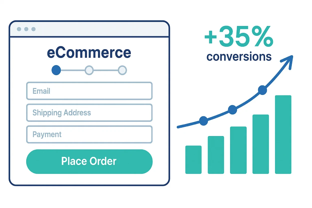 Illustration of optimized checkout form with graph overlay showing conversion growth from UX improvements.