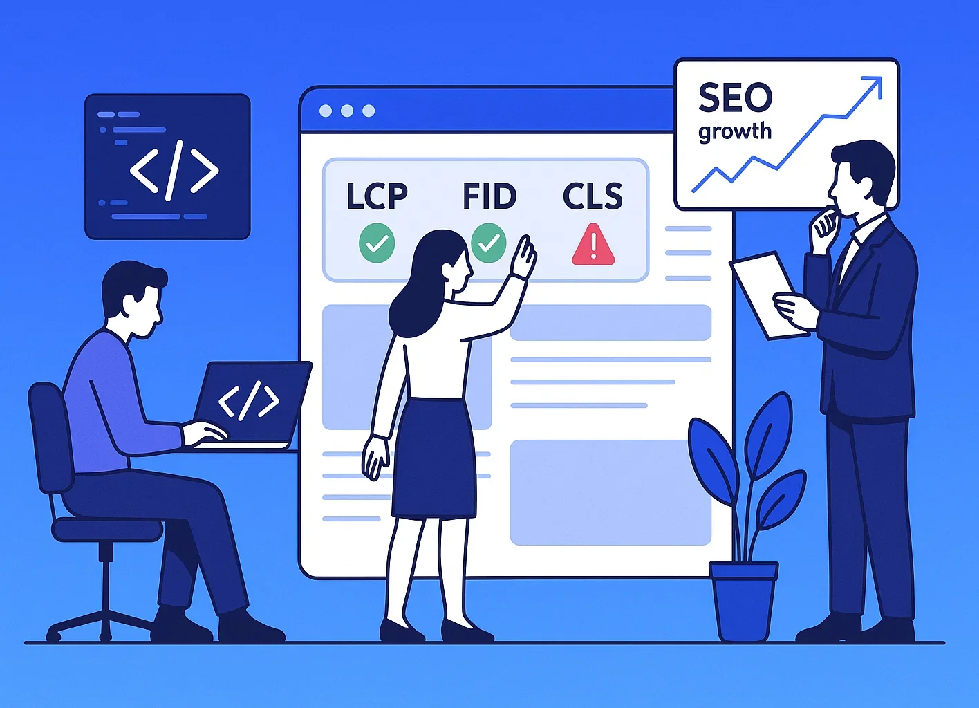 Professional team optimising a website’s Core Web Vitals: developers fixing code, designers stabilising layouts, marketers reviewing SEO growth.