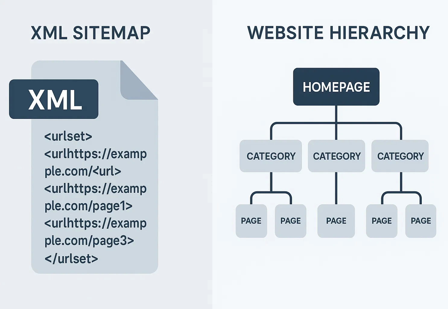 Vector illustration showing an XML sitemap file alongside a website hierarchy diagram, highlighting technical SEO site structure.