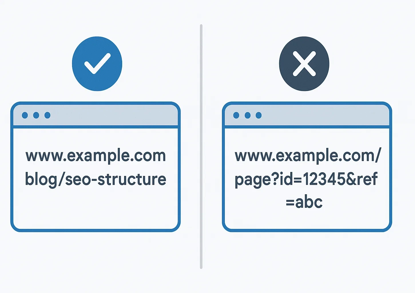 Vector illustration showing good vs bad URL structures: a clean, keyword-rich URL compared to a long, messy URL with parameters.