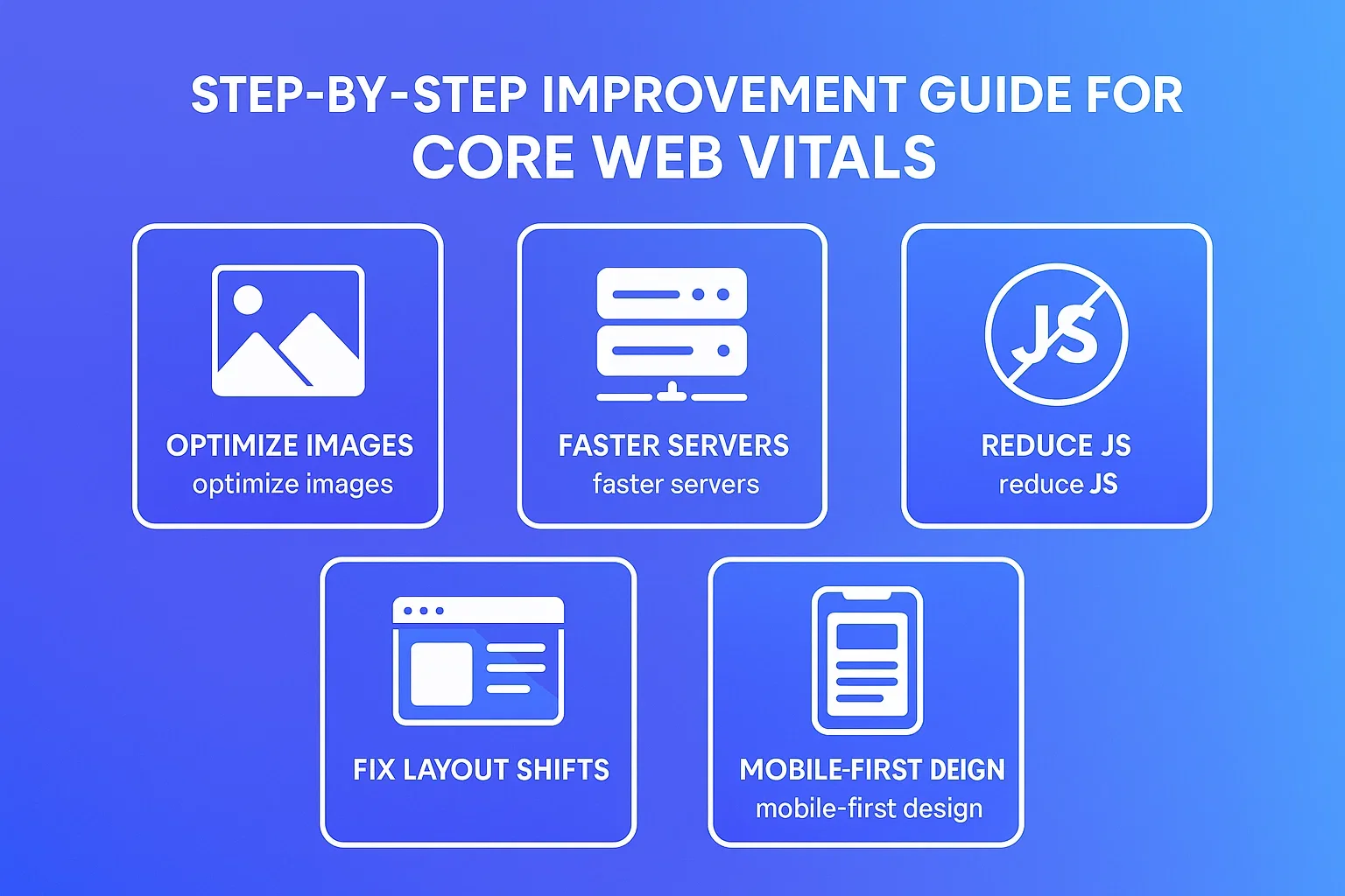Step-by-step improvement guide for Core Web Vitals: optimise images, faster servers, reduce JS, fix layout shifts, mobile-first design