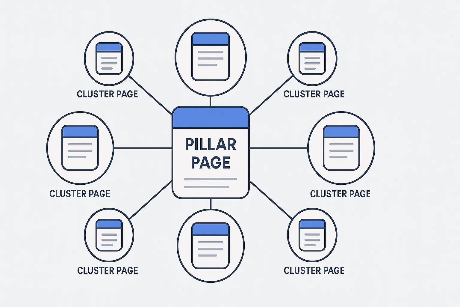 Vector illustration of a content cluster SEO structure with one pillar page connected to multiple supporting cluster pages.