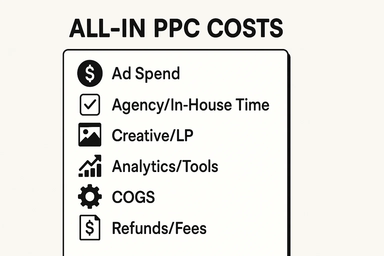 All-in PPC cost checklist for accurate ROI calculation.