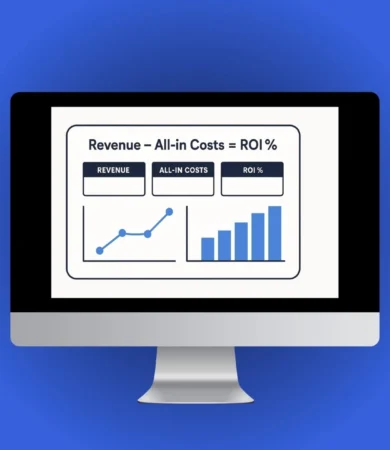 Calculate PPC ROI dashboard showing revenue, all-in costs, and ROI% with clean charts.