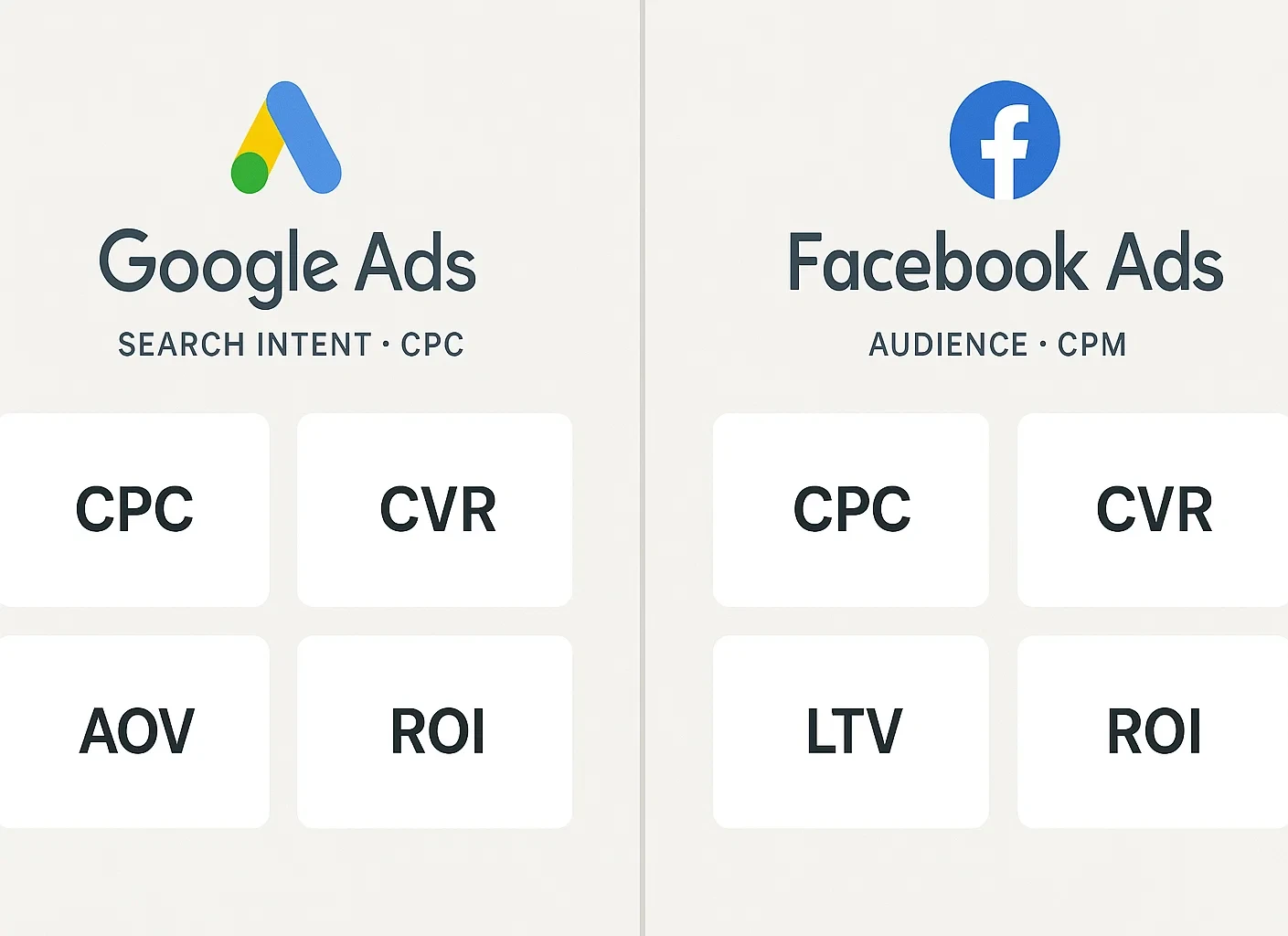 Google Ads vs Facebook Ads ROI comparison with CPC/CVR/AOV callouts.