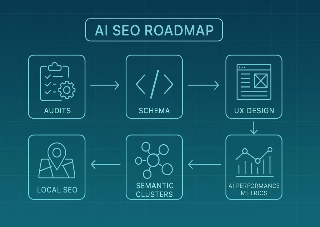 Visual AI SEO blueprint showing steps like schema implementation, UX optimization, local SEO signals, and AI performance metrics.