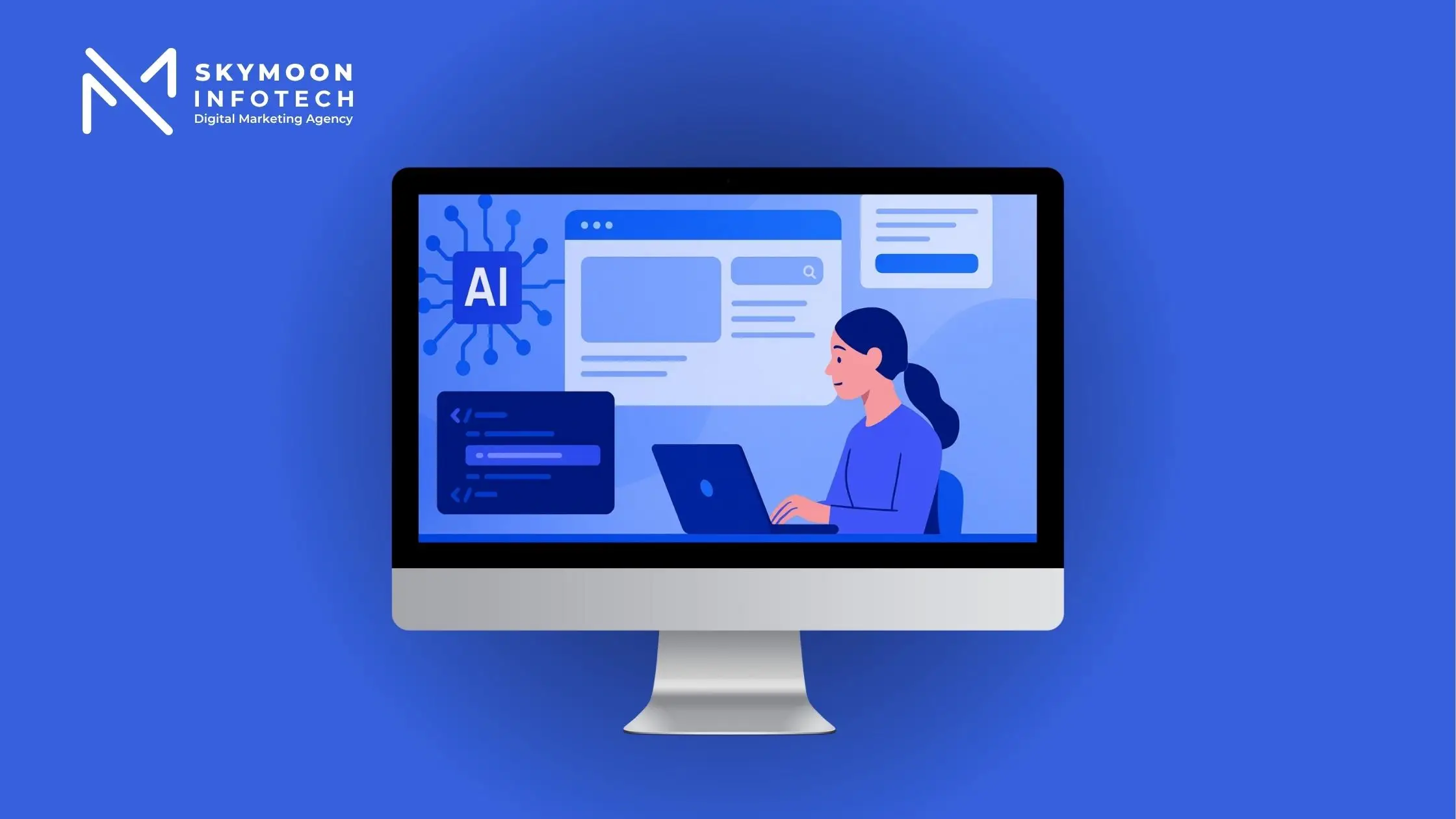 AI web development, with floating UI panels, smart code suggestions, and neural network elements.