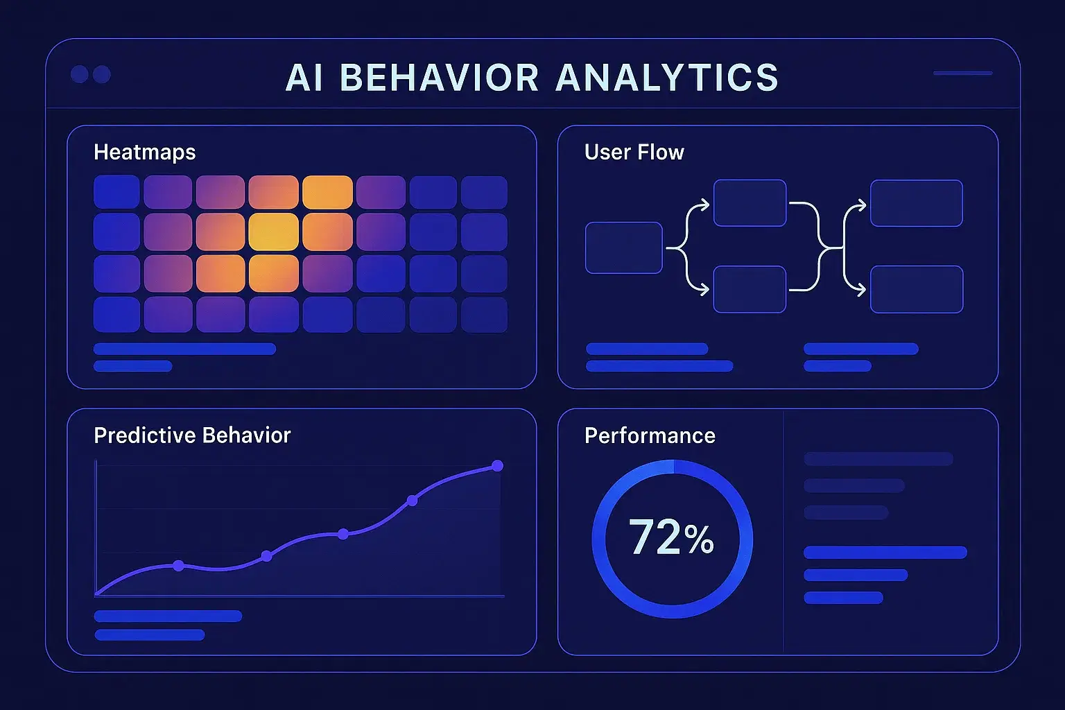 AI behavior analytics — heatmaps, user flow diagrams, predictive behavior graphs, and performance insights panels.