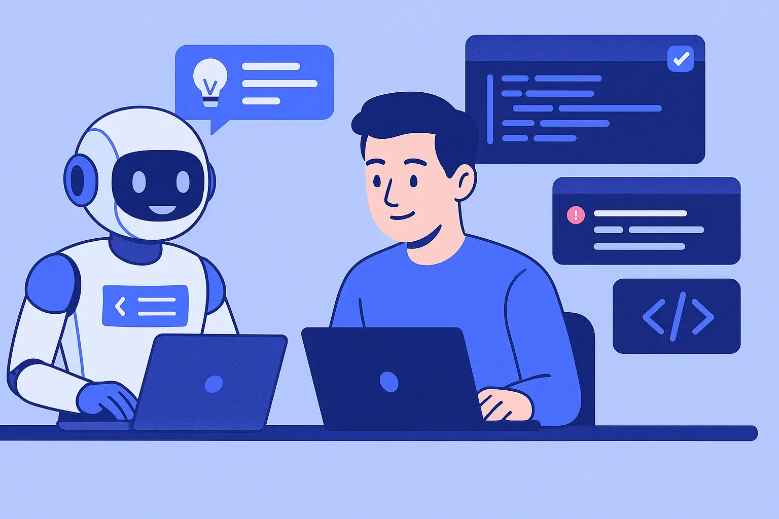 AI coding assistant writing and optimizing code beside a developer — smart suggestions, highlighted syntax, error detection, and automated debugging panels.
