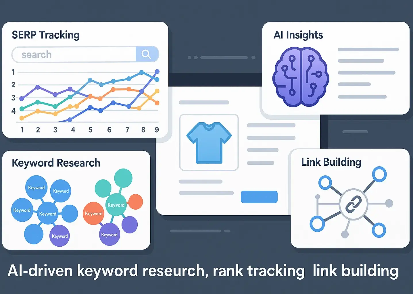AI tools performing keyword research, rank tracking, and link-building visualization.