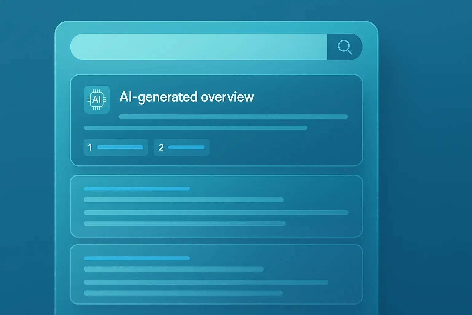 AI-generated overview panel summarizing website content with structured answer blocks, citations, and clean, minimal search UI.