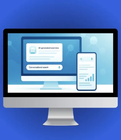 AI-powered search results SEO interface showing AI overviews, semantic graphs, and conversational search layouts across mobile and desktop screens.