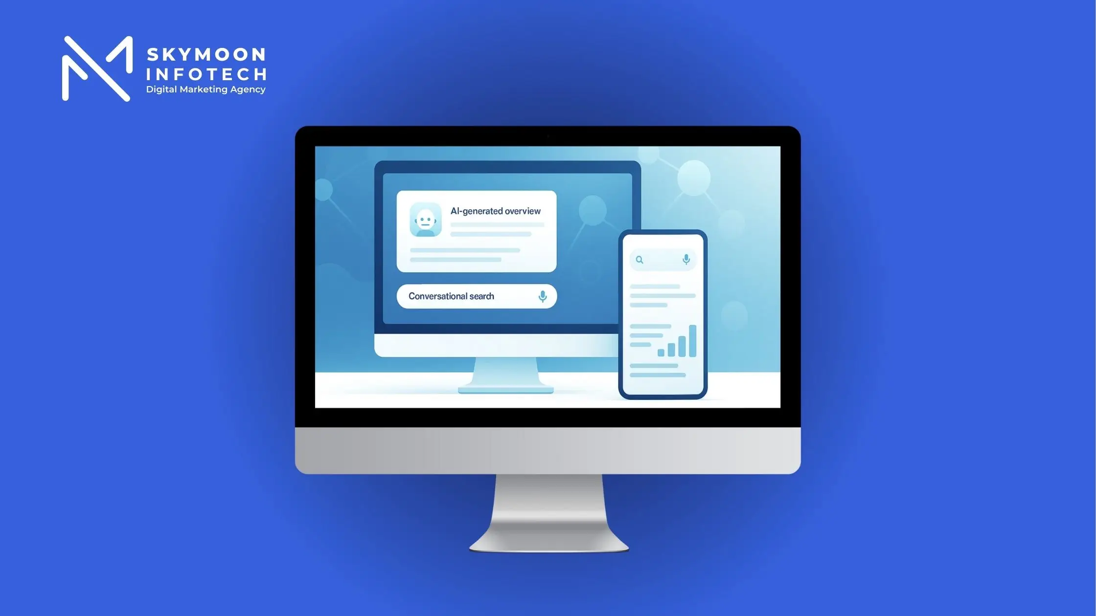 AI-powered search results SEO interface showing AI overviews, semantic graphs, and conversational search layouts across mobile and desktop screens.