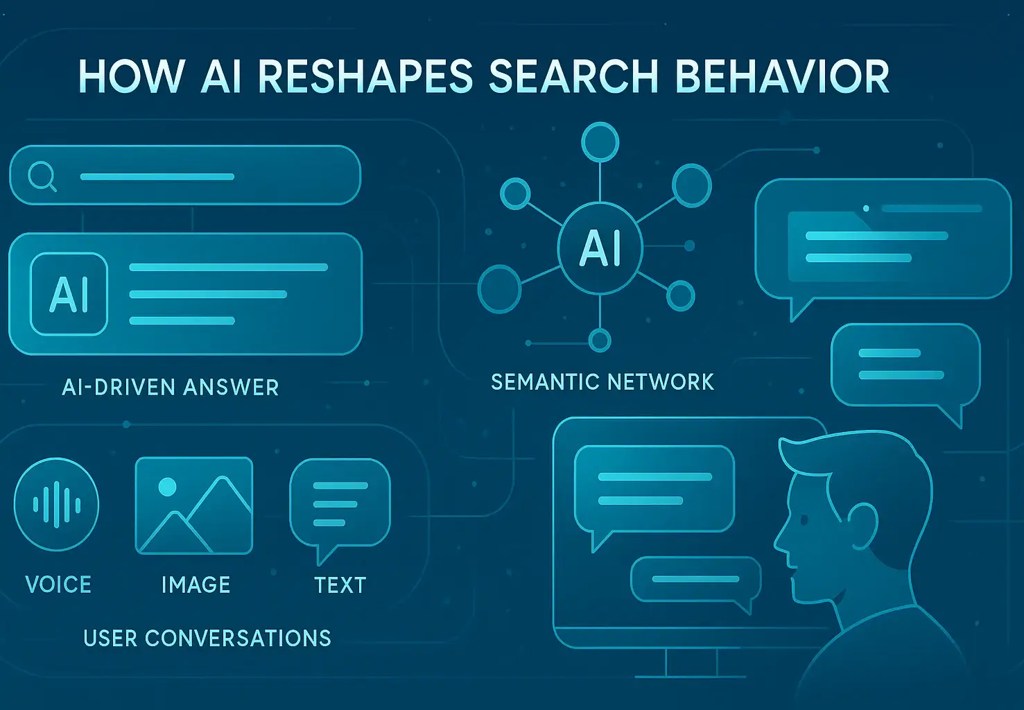 AI-driven search system displaying multimodal inputs, semantic understanding, and answer-first results that reshape user search behavior.