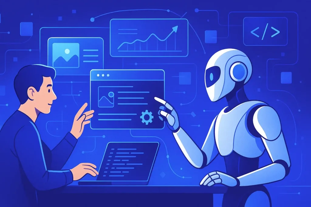 AI web development beyond 2025 — autonomous AI agents collaborating with developers, self-optimizing UI, predictive UX engines, and AI-powered coding ecosystems.