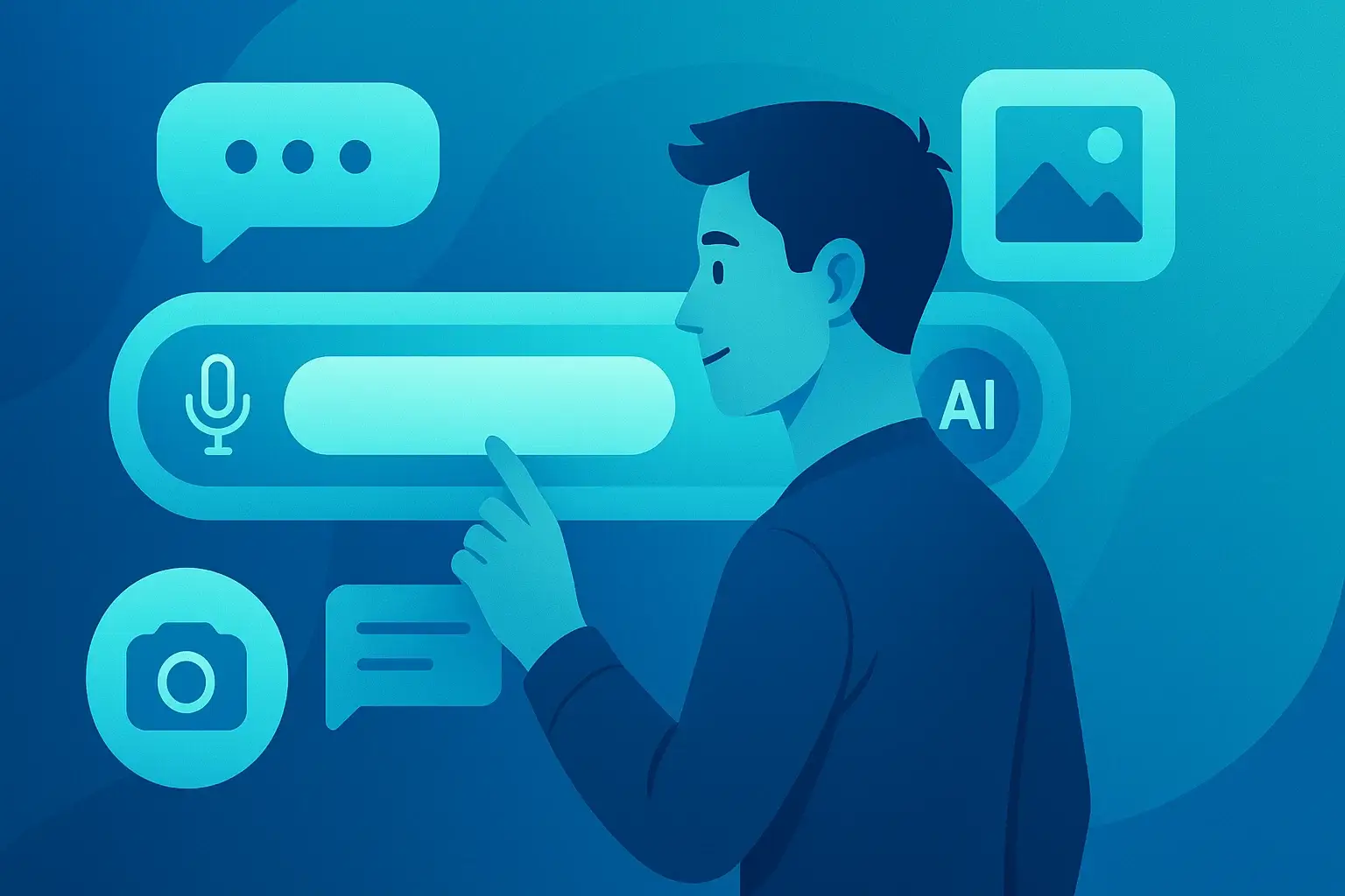 Conversational and multimodal AI search interface with voice commands, chat queries, and visual search icons representing modern search experiences.