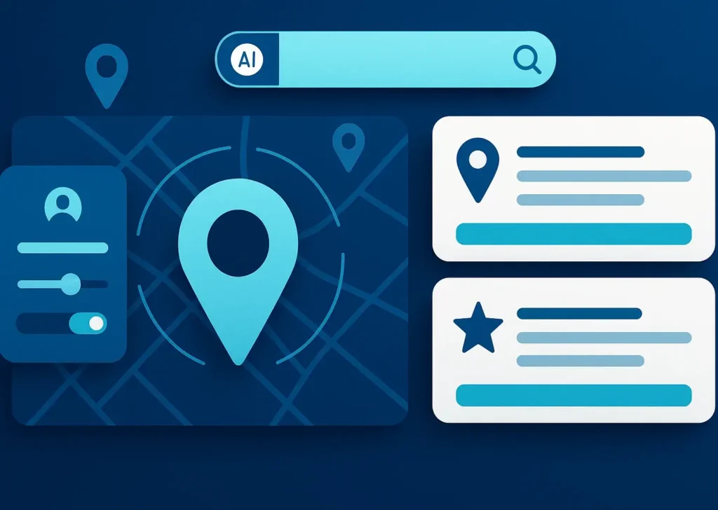 Personalized and localized AI search results featuring map pins, proximity indicators, user preferences, and customized search cards.