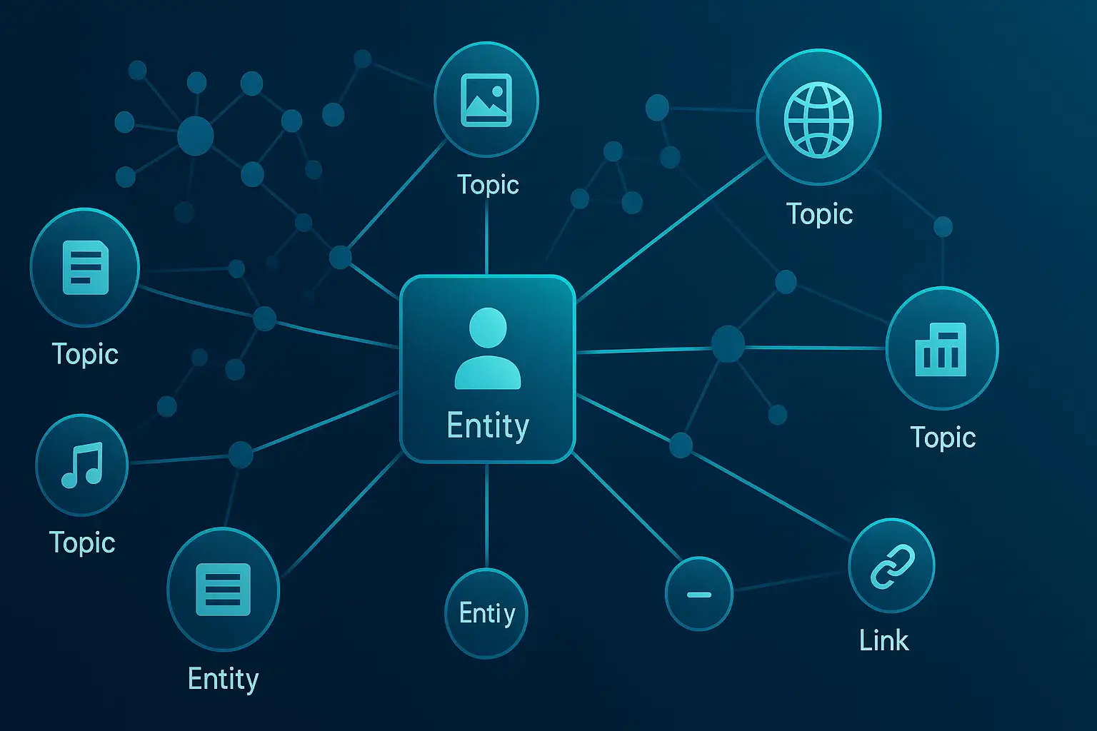 Semantic entity graph showing interconnected topics, schema elements, and entity clusters used by AI search algorithms.