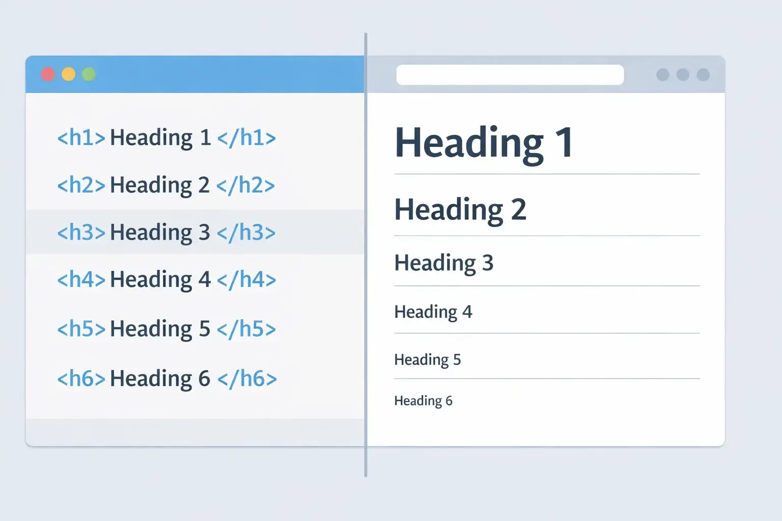 HTML heading tags SEO structure example showing H1 to H6 hierarchy