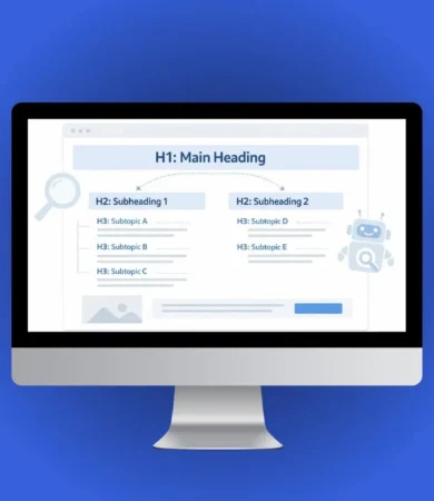 Header tags SEO hierarchy diagram showing H1, H2, and H3 structure in webpage layout