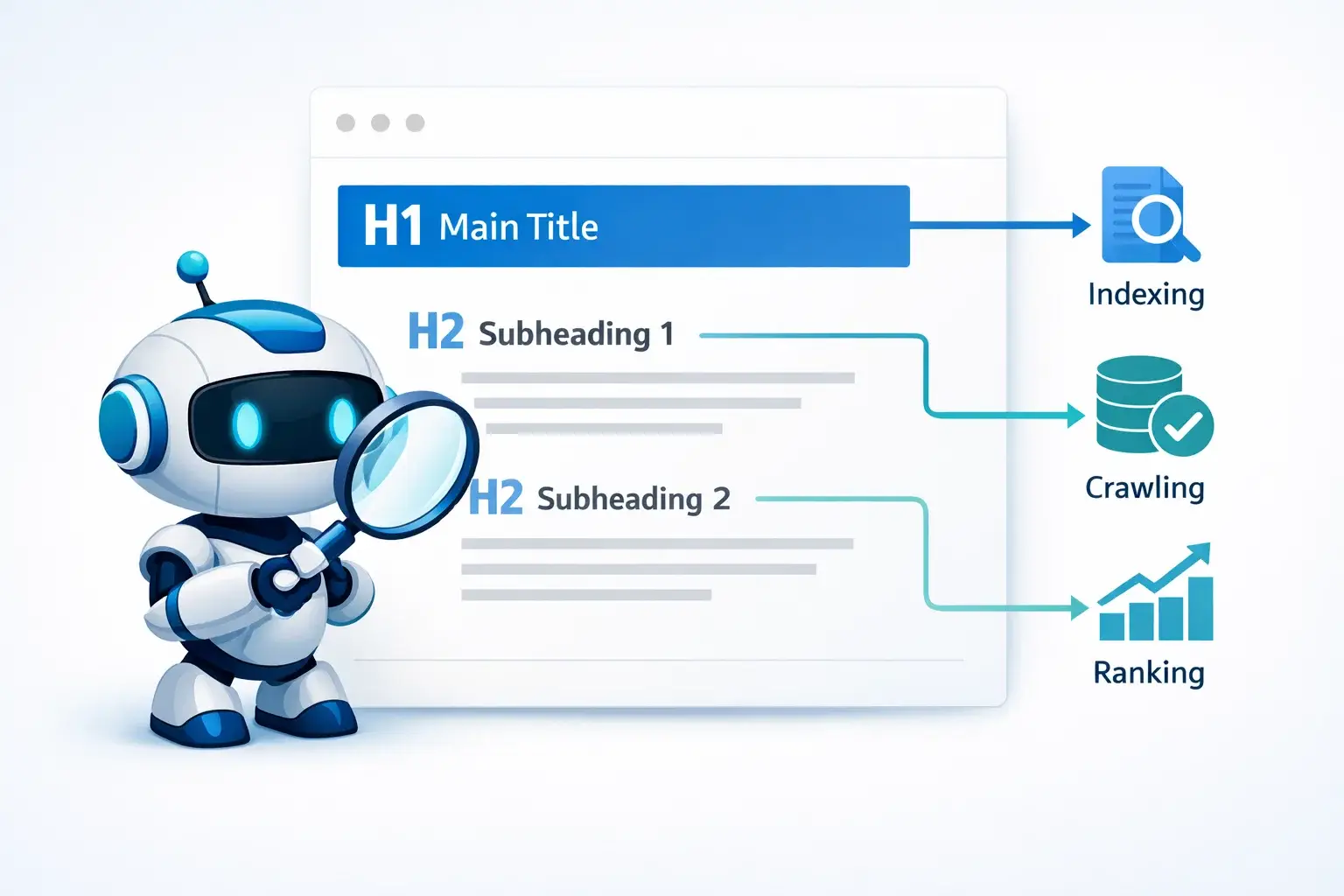 Search engine bot analyzing webpage structure using heading tags SEO signals