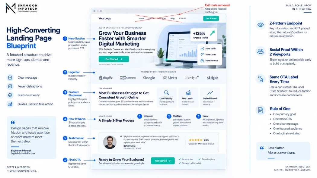 Landing page best practices wireframe showing conversion-focused design, CTA and social proof