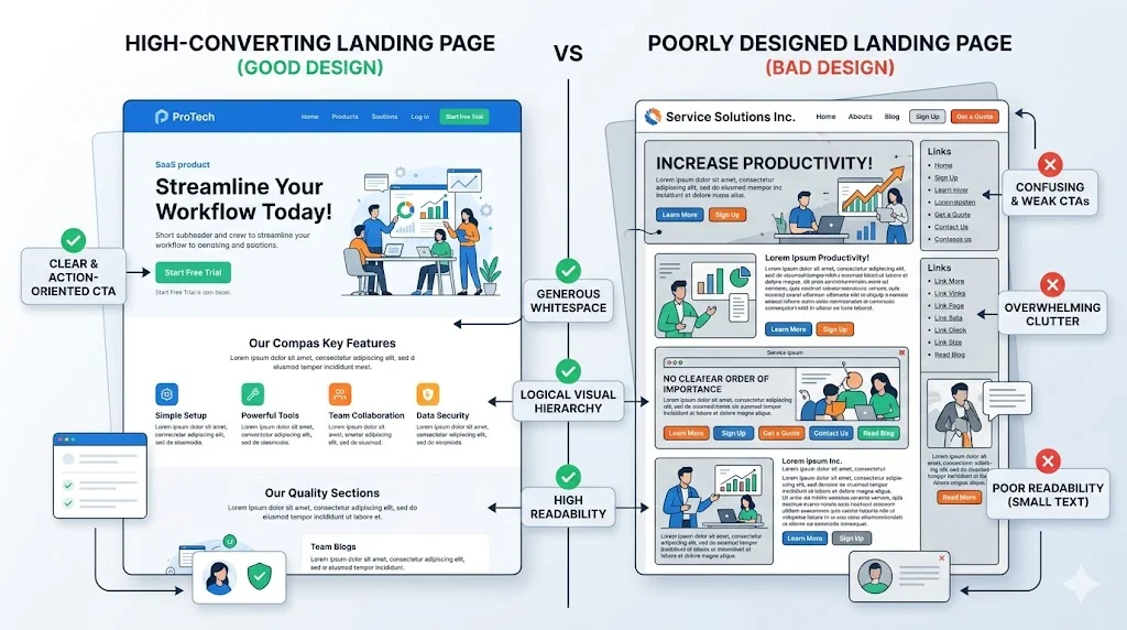 Comparison of optimized landing page design best practices versus poor layout affecting conversions.