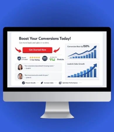 Landing page design best practices illustration showing CTA placement, trust signals, and conversion optimization elements.