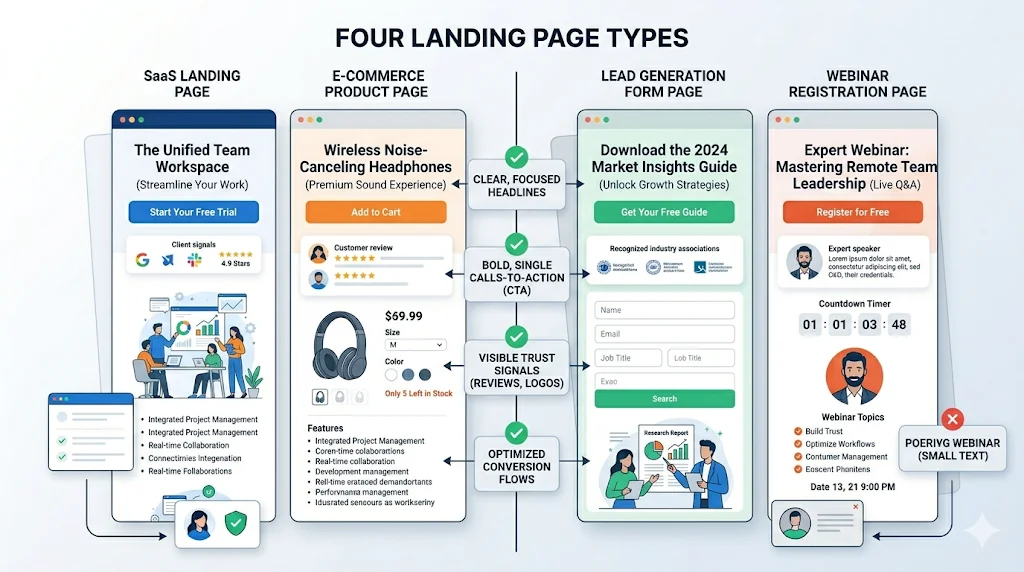 Landing page design examples including SaaS, e-commerce, lead generation, and webinar pages optimized for conversions.