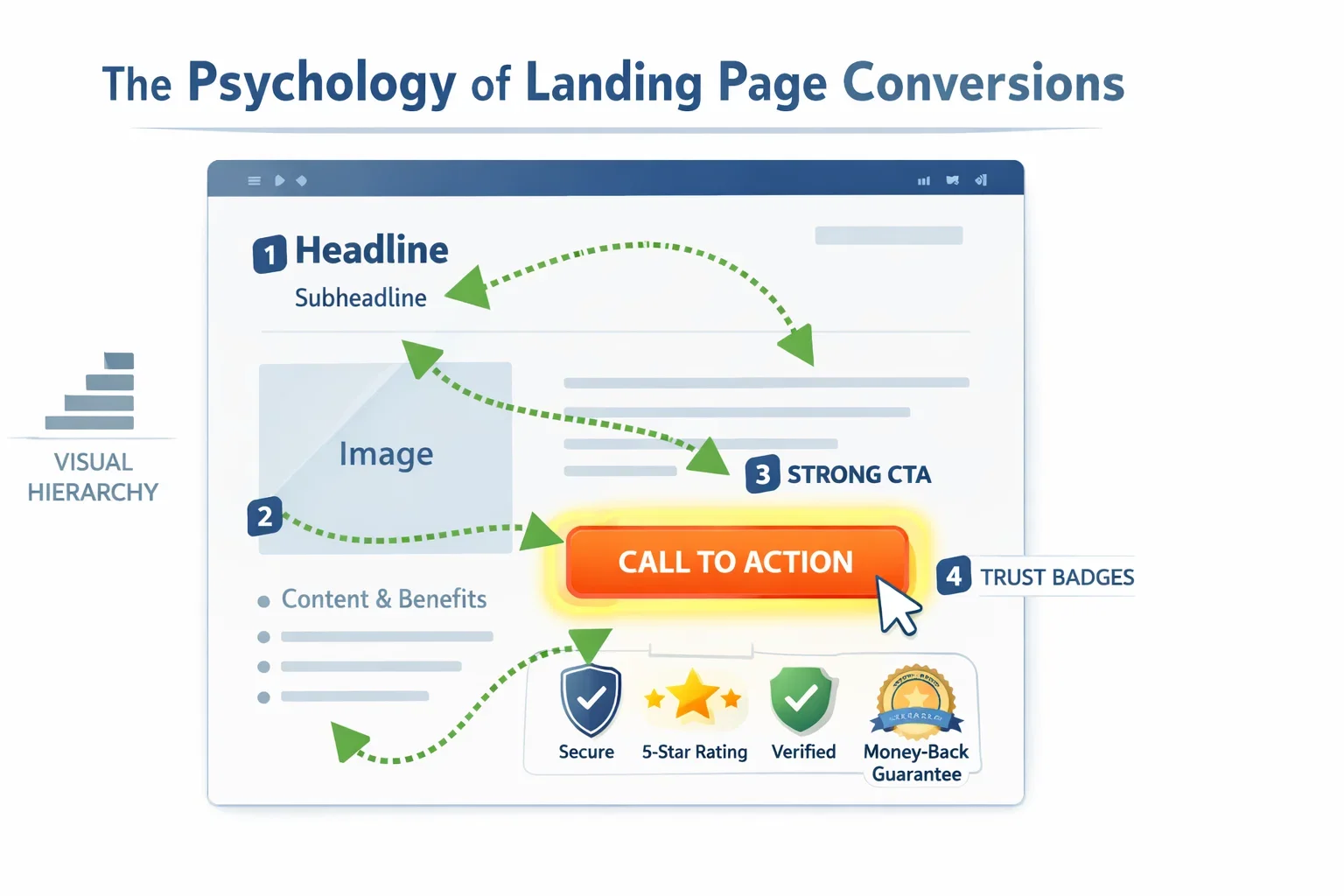 Landing page design importance illustrated through visual hierarchy, trust signals, and user attention flow.