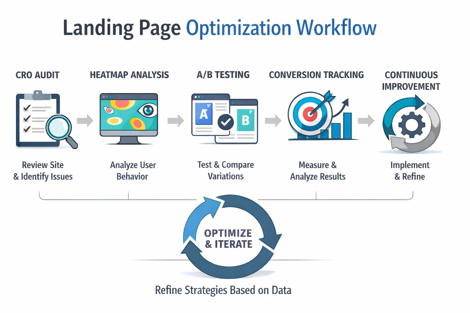 Landing page optimization workflow including CRO audit, heatmaps, A/B testing, and conversion tracking process.