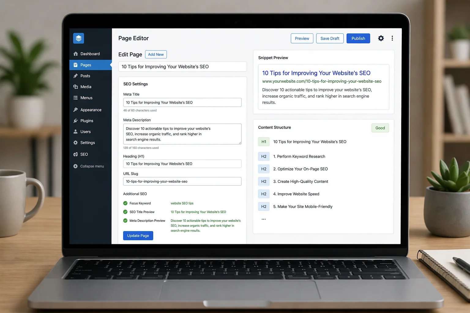 Website editor interface with SEO tips