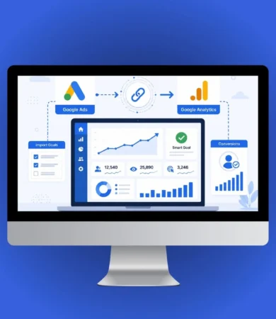 Smart Goals Google Ads setup guide showing Google Analytics dashboard with Smart Goal configuration and Google Ads conversion import