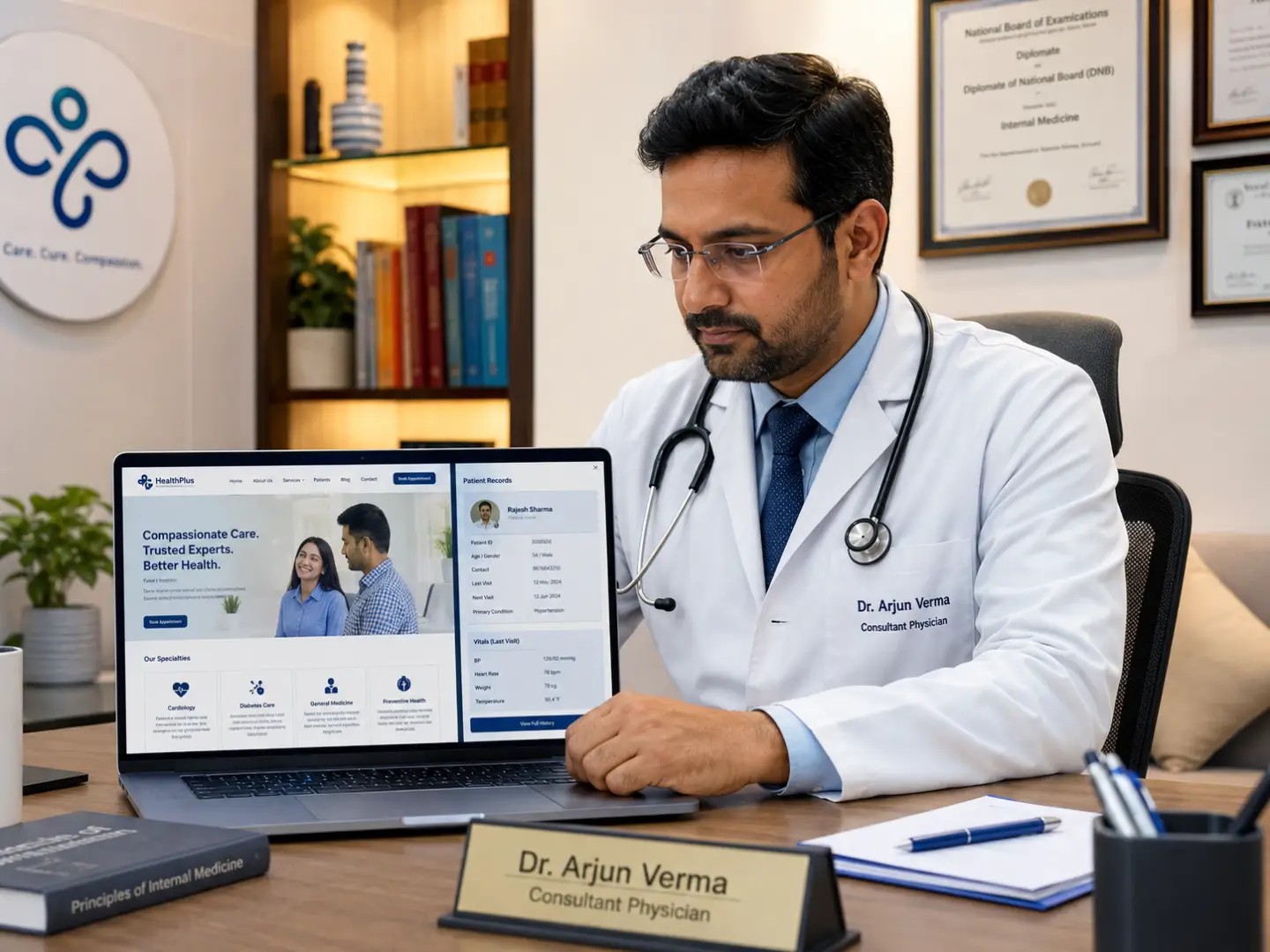 Doctor demonstrating EEAT for healthcare websites by reviewing medical SEO India content.