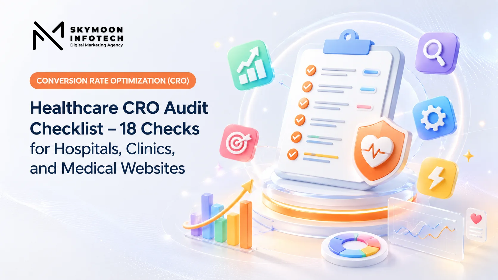 Healthcare CRO audit checklist showing a hospital website audit dashboard with conversion optimisation checks, patient booking form, analytics, trust signals, and page speed metrics.
