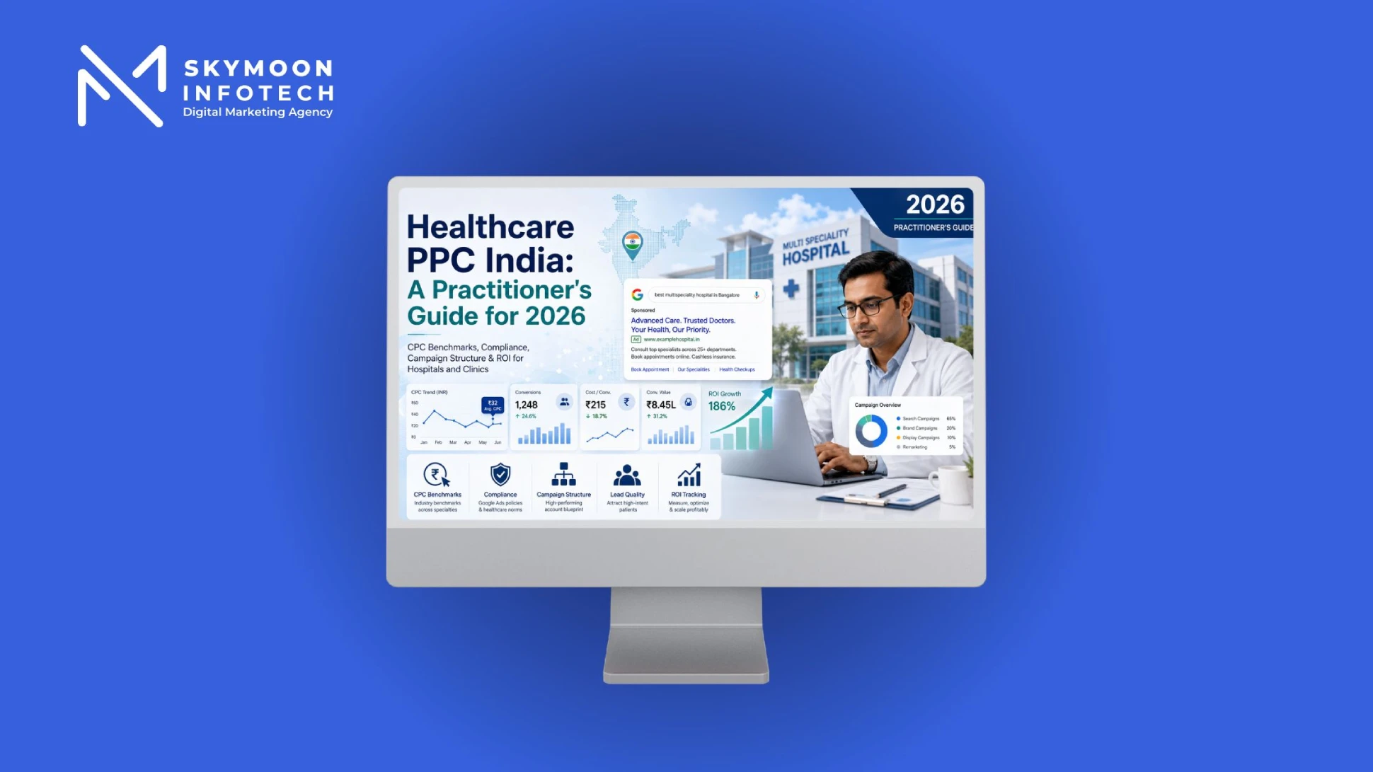 Healthcare PPC India - A Practitioner’s Guide for 2026 cover with campaign metrics and hospital marketing visuals