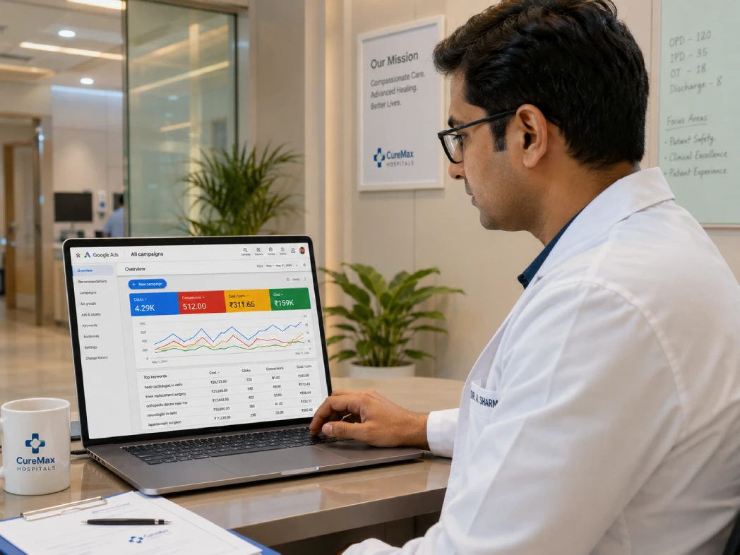Healthcare PPC India campaign performance dashboard viewed by doctor in clinic