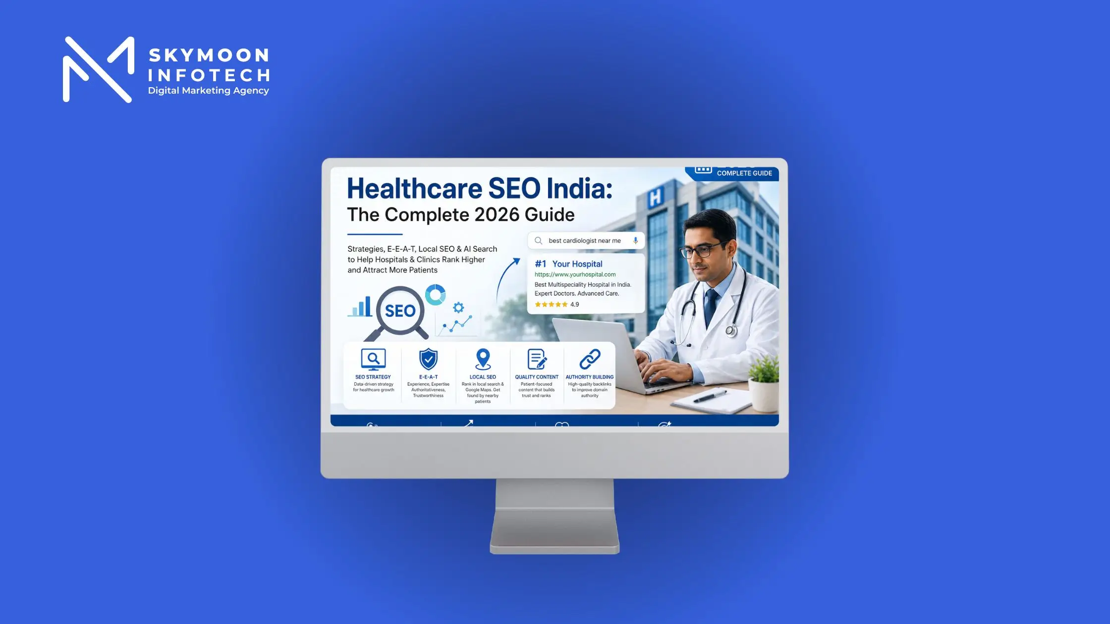 Healthcare SEO India 2026 guide featured image showing a doctor, hospital, SEO icons, and Google ranking preview for healthcare marketing.