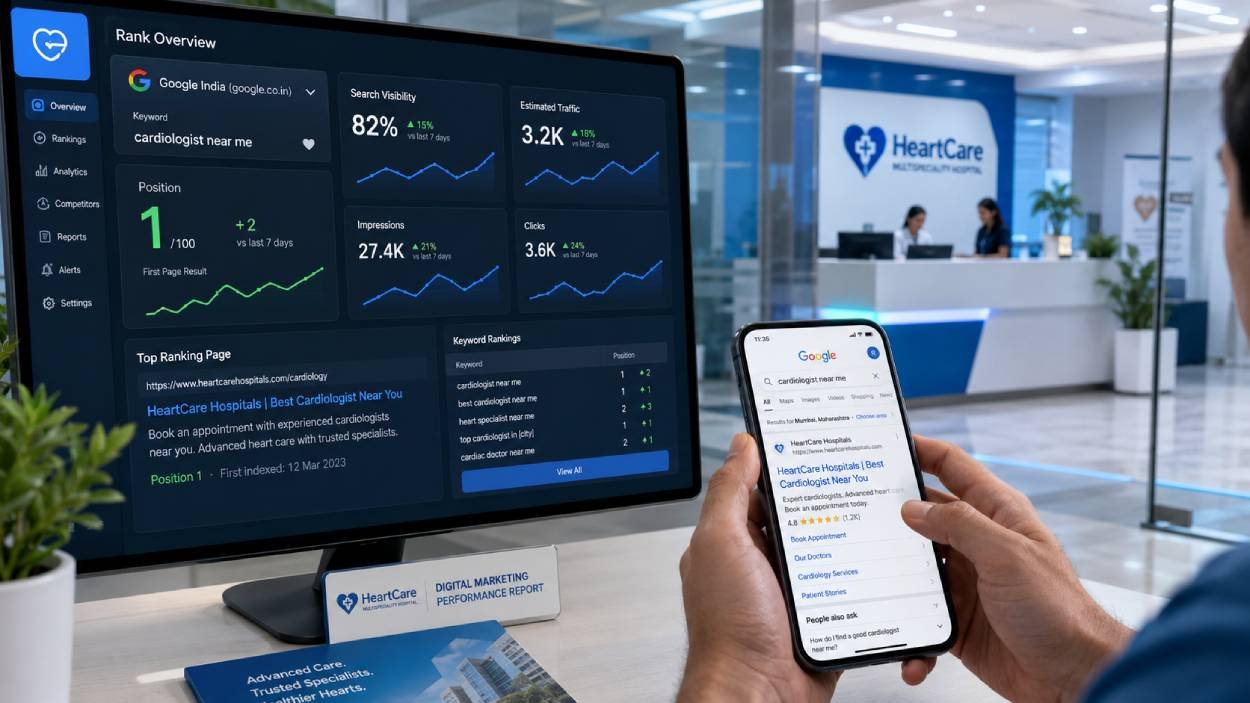 Healthcare SEO dashboard showing a cardiologist ranking first on Google India and a hospital search result on a phone