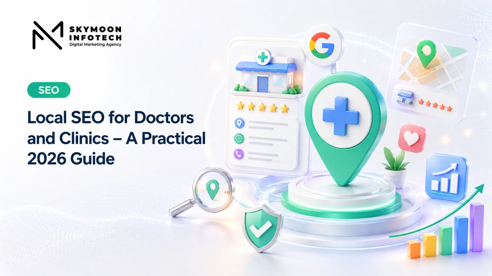 Local SEO for Doctors & Clinics - A Practical 2026 Guide showing a modern Indian clinic, doctor, generic local business profile, map interface, reviews, rankings, and local search optimisation concepts.