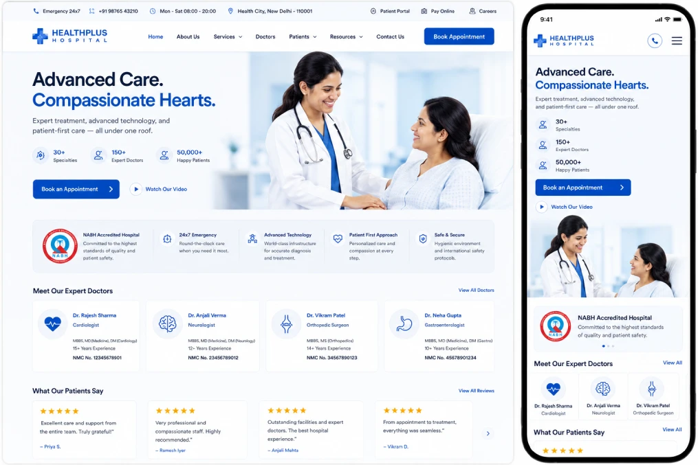 Healthcare website design example showing trust signals, mobile responsiveness, and patient CTA in a modern hospital website