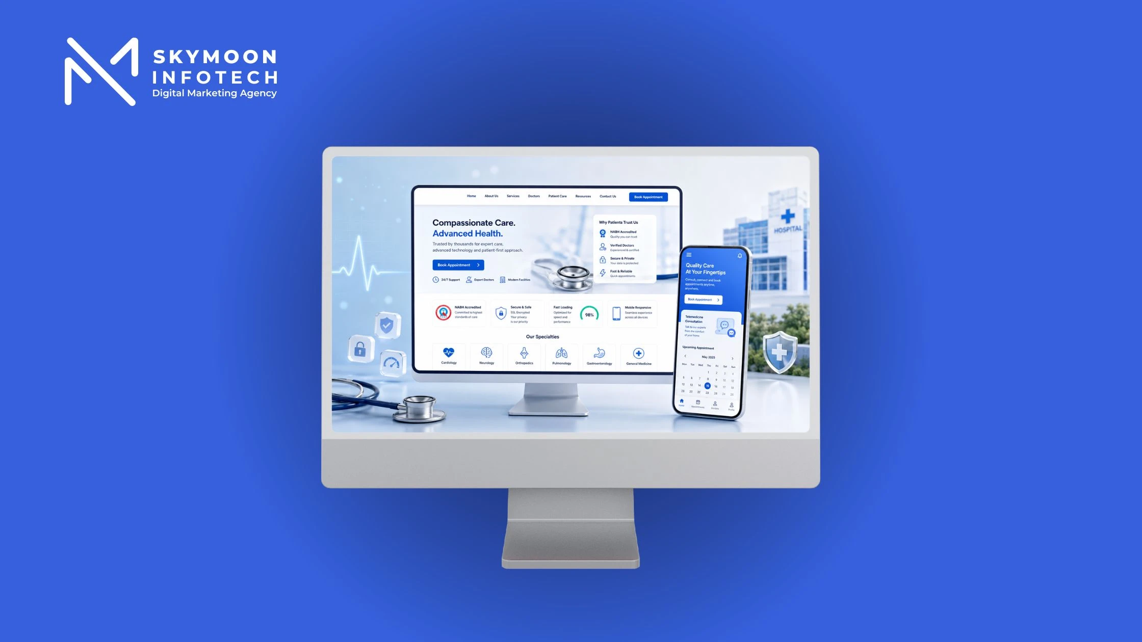 Healthcare website design showing a modern hospital website with mobile responsive layout, doctor profiles, appointment booking, patient trust signals, telemedicine features, and secure healthcare interface.
