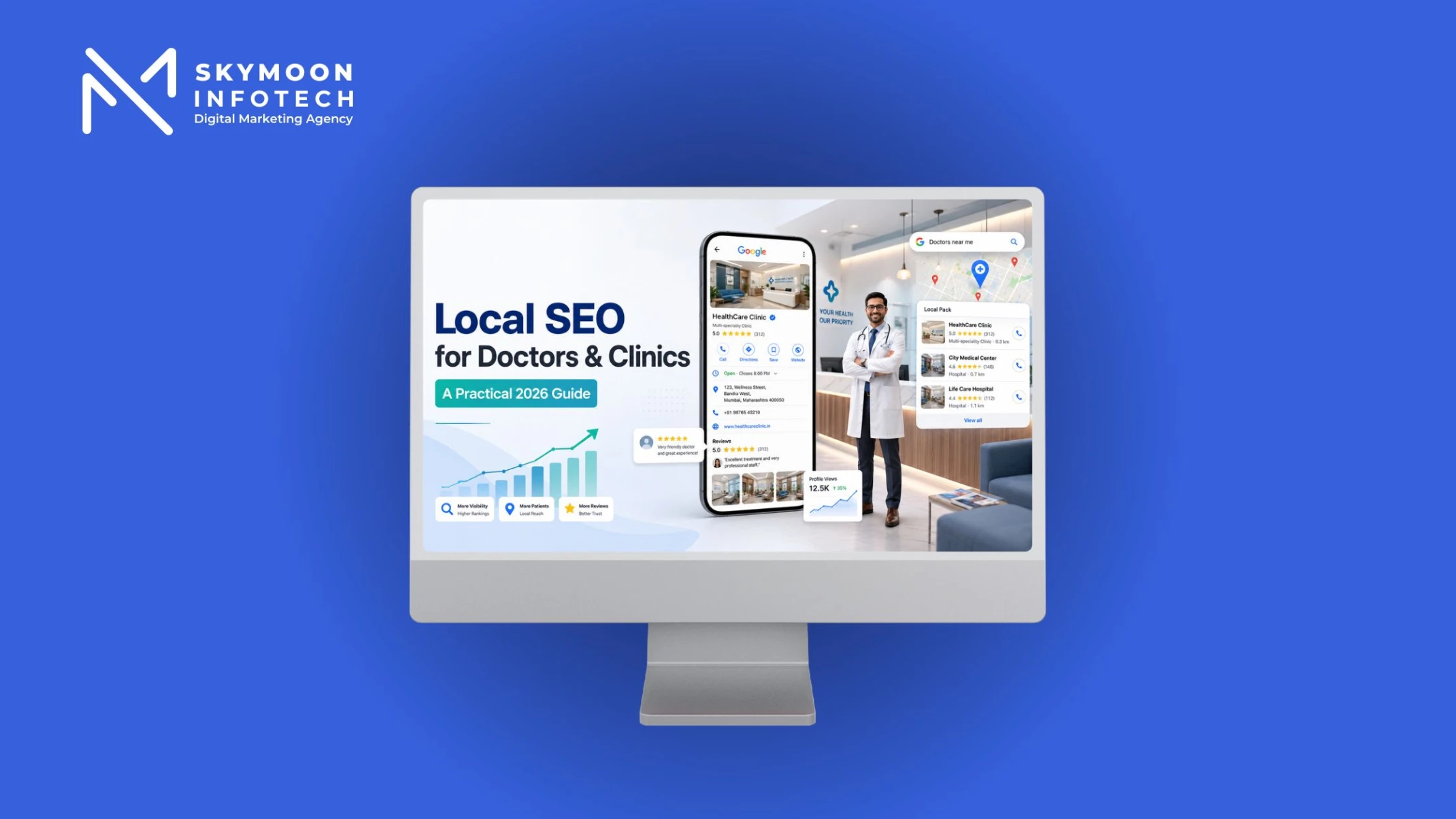 Local SEO for Doctors & Clinics - A Practical 2026 Guide showing a modern Indian clinic, doctor, generic local business profile, map interface, reviews, rankings, and local search optimisation concepts.