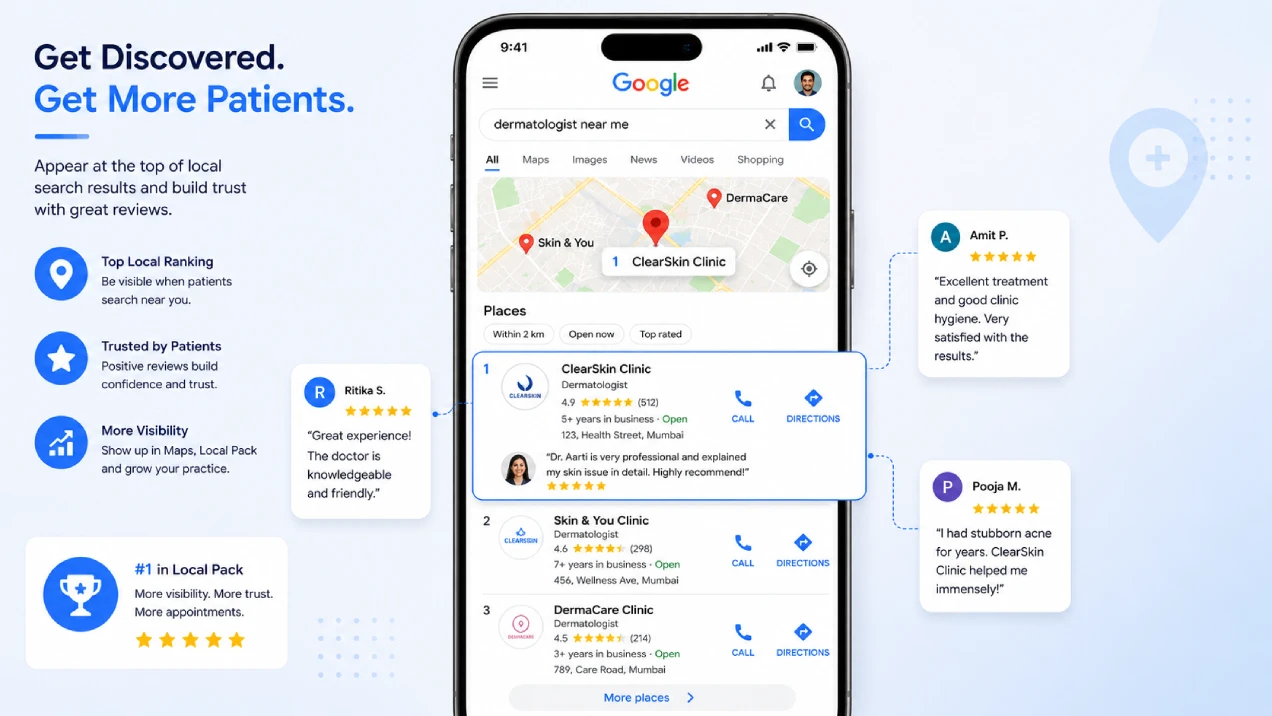 Local SEO for doctors showing a medical clinic ranking first in the Google Maps Local Pack for a near-me patient search