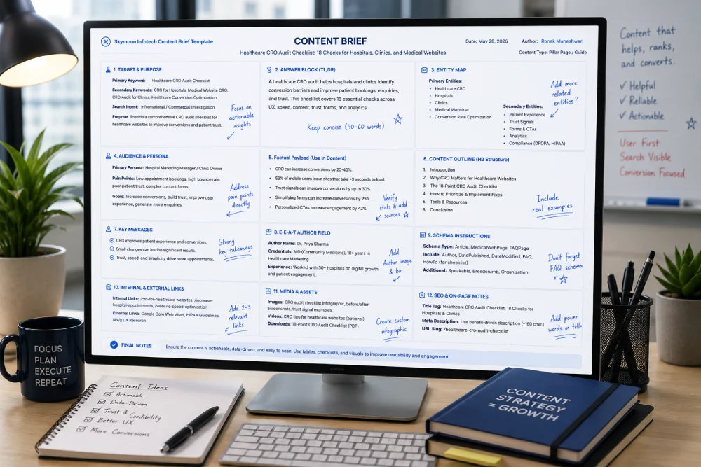 SEO content brief for AI search showing a structured template with the 7 required elements including entity map, factual payload, and FAQ schema instructions.