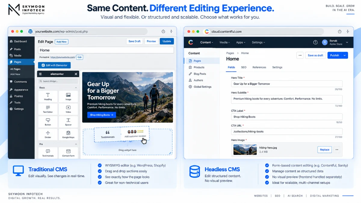 Traditional CMS visual editor compared with a headless CMS form-based content editing interface.