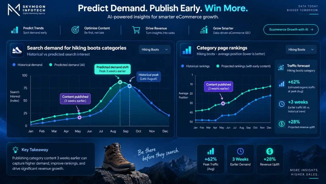AI SEO tools for ecommerce predictive trend chart showing hiking boot search demand, category rankings and content timing