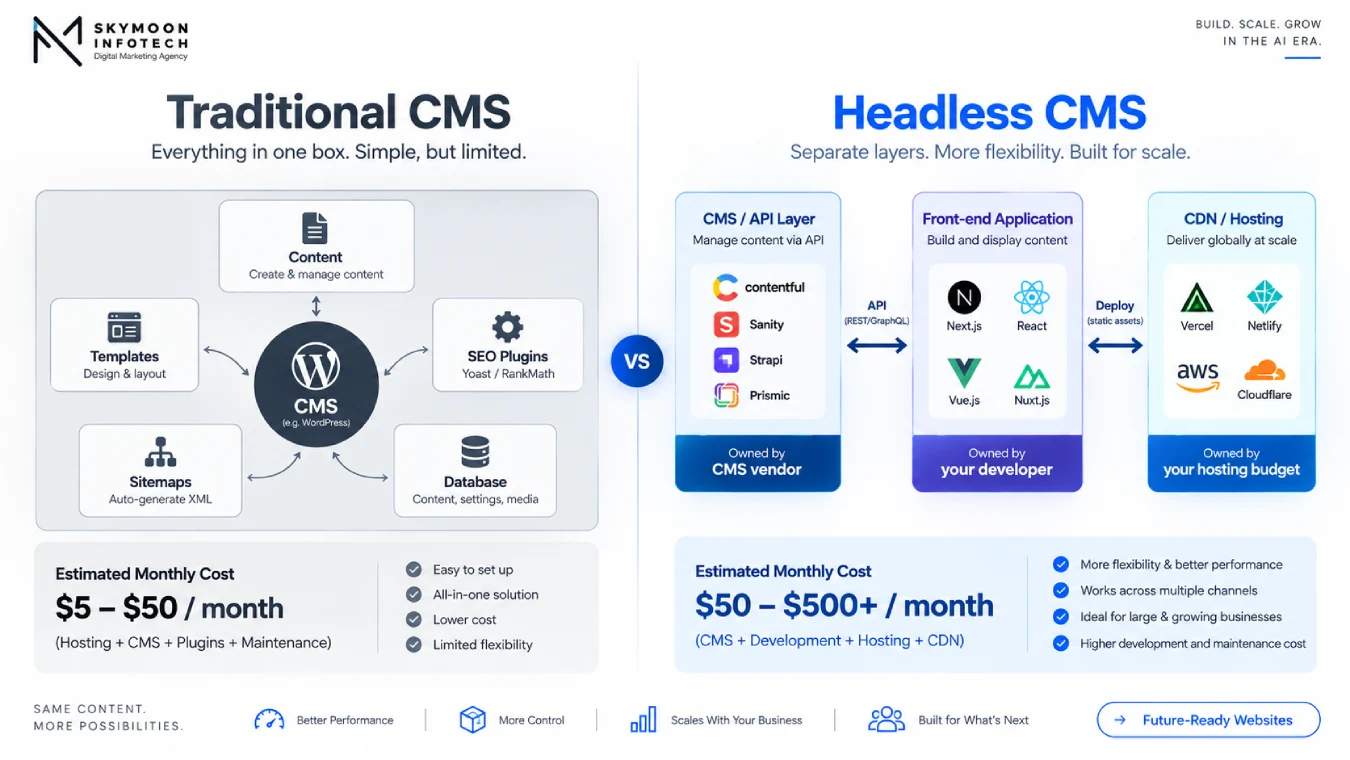Traditional CMS vs headless CMS architecture and monthly cost comparison for service businesses