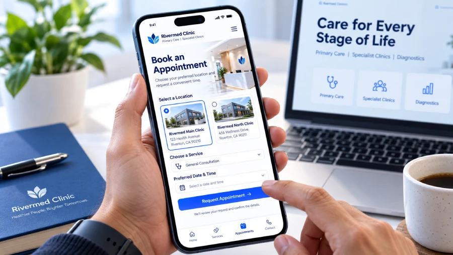 Use generic UI, no patient names, medical details, booking guarantees
